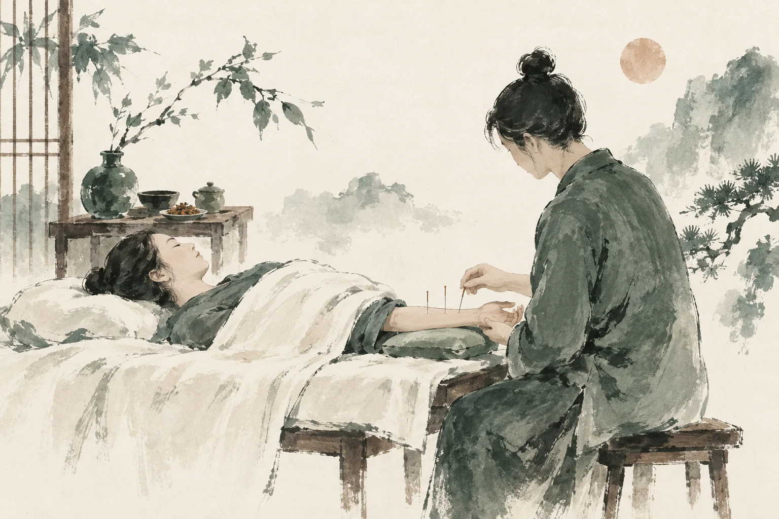 Ink-wash illustration of a practitioner caring for a reclining acupuncture patient